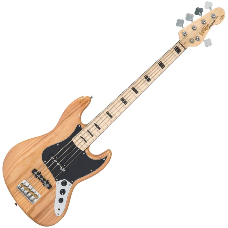 Vintage VJ75 ReIssued Maple Fingerboard Bass Guitar ~ 5-String – Natural Ash