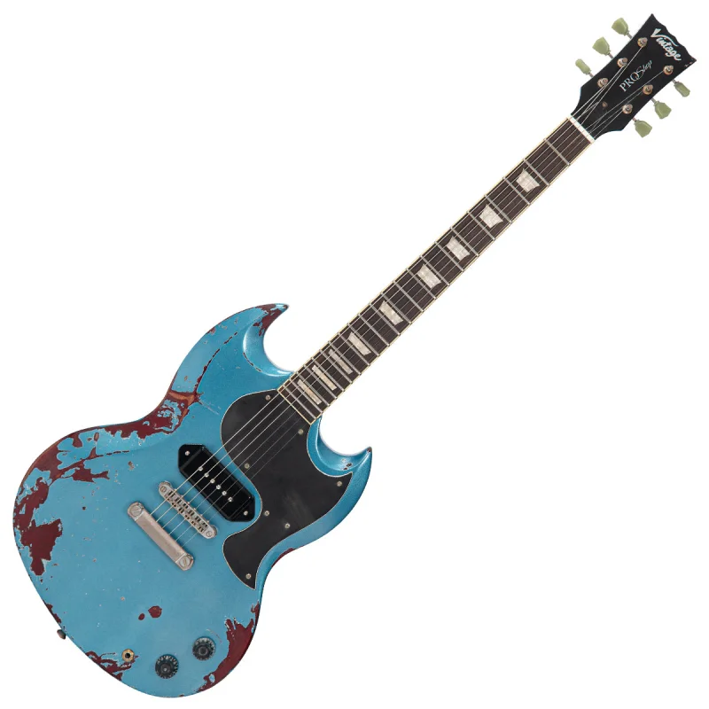 Vintage VS6 ProShop Custom-Build Electric Guitar ~ Distressed Gun Hill Blue Over Red