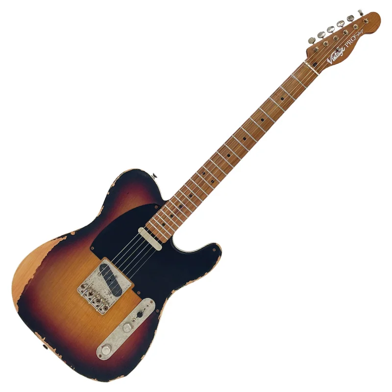 Vintage V52 ProShop Unique Electric Guitar ~ Distressed Sunburst with Roasted Flamed Maple Neck