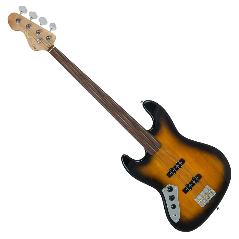 Vintage VJ74 ProShop Unique Left Hand Fretless Bass ~ Nitro Cellulose Sunburst