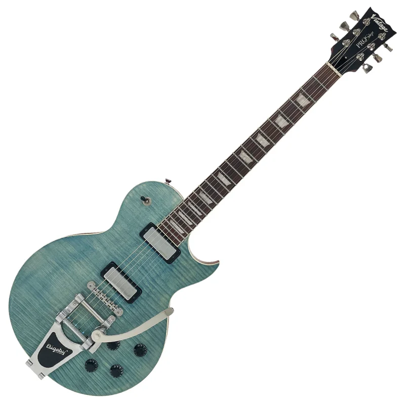 Vintage V100 ProShop Unique Electric Guitar ~ Bigsby Trans Blue