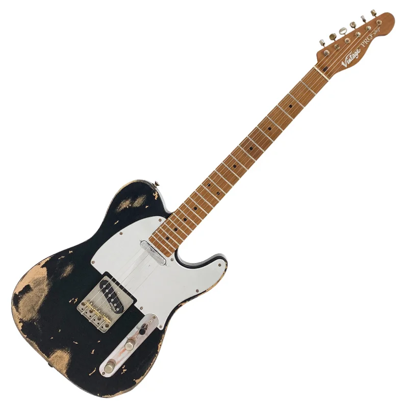 Vintage V52 ProShop Unique Electric Guitar ~ Heavy Distressed Matte Black with Roasted Maple Neck and Mirrored Scratchplate