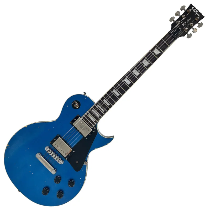 Vintage V100 ProShop Unique Electric Guitar ~ Heavy Distressed Metallic Blue