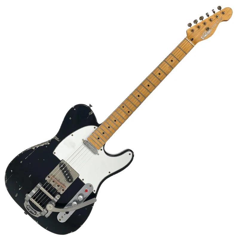 Vintage V52 ProShop Custom-Build Electric Guitar ~ Distressed Black with Bigsby
